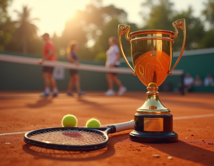 Troféu de torneio de tênis sobre quadra de saibro com jogadores ao fundo